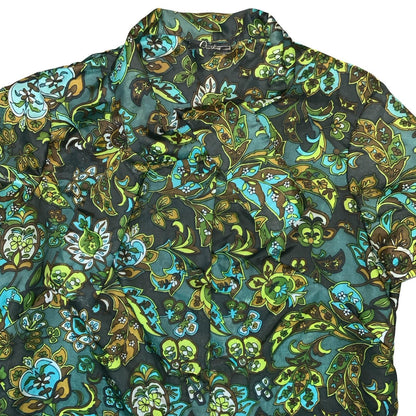 VTG 60S 70s 'QUERLINE' GREEN FLORAL SHORT SLEEVED ASCOT TIE NECK BLOUSE L 16