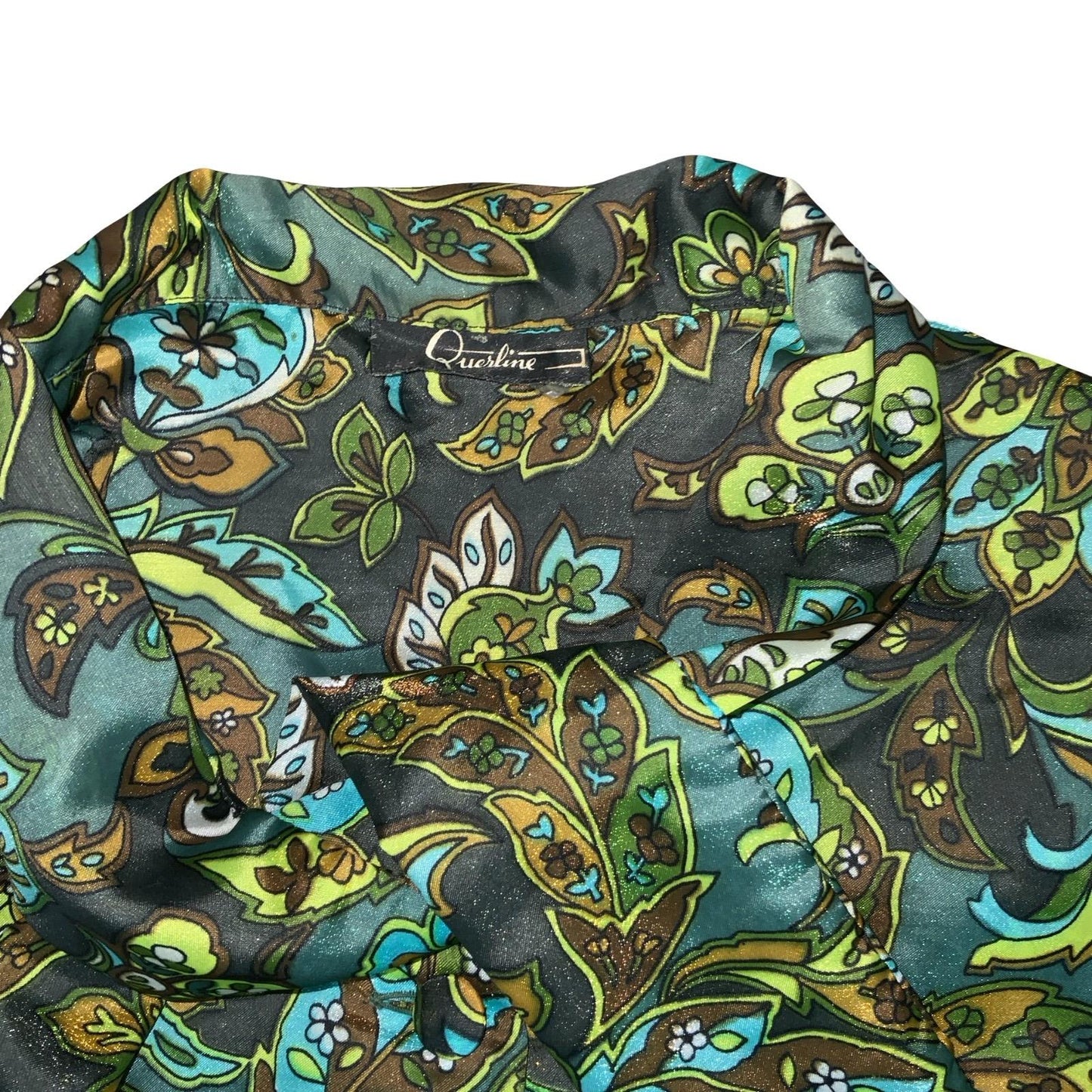 VTG 60S 70s 'QUERLINE' GREEN FLORAL SHORT SLEEVED ASCOT TIE NECK BLOUSE L 16