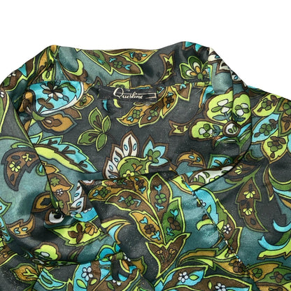 VTG 60S 70s 'QUERLINE' GREEN FLORAL SHORT SLEEVED ASCOT TIE NECK BLOUSE L 16