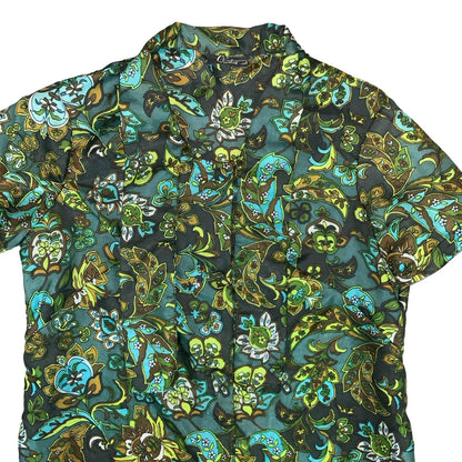 VTG 60S 70s 'QUERLINE' GREEN FLORAL SHORT SLEEVED ASCOT TIE NECK BLOUSE L 16