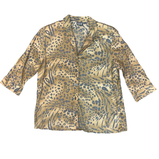 VTG 90s 'LINEA V' BROWN BLACK LEOPARD ANIMAL PRINT RETRO SHIRT BLOUSE UK 14/16