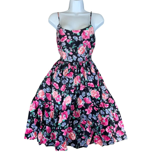 VTG 80s 90s 'LAURA ASHLEY' BLACK PINK RODE FLORAL A-LINE MIDI SWING DRESS S 10