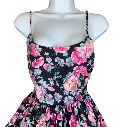 VTG 80s 90s 'LAURA ASHLEY' BLACK PINK RODE FLORAL A-LINE MIDI SWING DRESS S 10