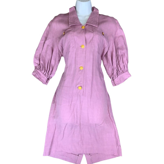 VTG 'LUISA SPAGNOLI' DESIGNER PINK LINEN PUFF SLEEVE GOLD BUTTON SHIRT DRESS 12