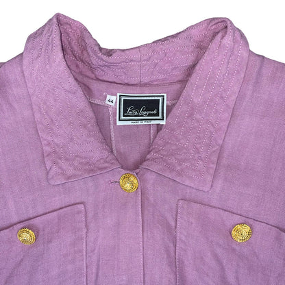 VTG 'LUISA SPAGNOLI' DESIGNER PINK LINEN PUFF SLEEVE GOLD BUTTON SHIRT DRESS 12