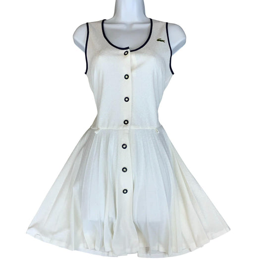 VTG 90s WHITE CHEMISE 'LACOSTE' PLEATED BUTTON-DOWN TENNIS MINI DRESS S 10