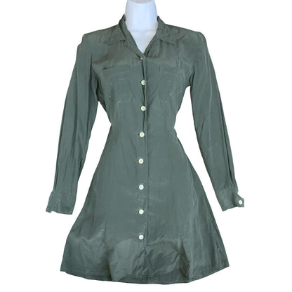VTG 80s 'CACHAREL' GREEN LONG SLEEVED BUTTON DOWN CASUAL SILK SHIRT DRESS S 10