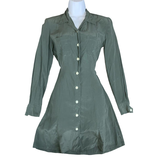 VTG 80s 'CACHAREL' GREEN LONG SLEEVED BUTTON DOWN CASUAL SILK SHIRT DRESS S 10