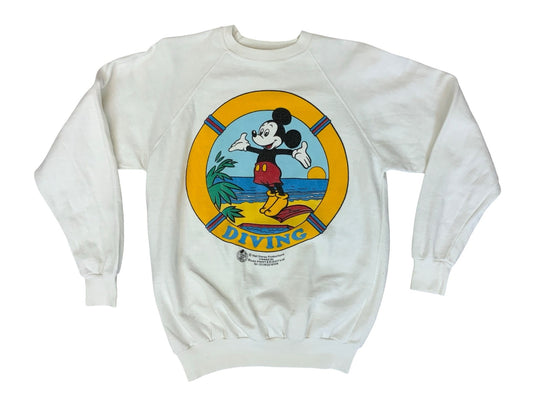 VTG 1980s MICKEY MOUSE WALT DISNEY SWEATSHIRT DIVING WHITE SMALL