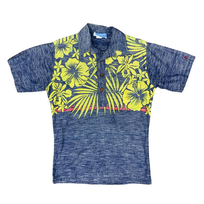 VTG 90S OCEAN PACIFIC SUNWEAR SURF REVERSE PRINT HAWAIIAN SMOCK POLO SHIRT SMALL