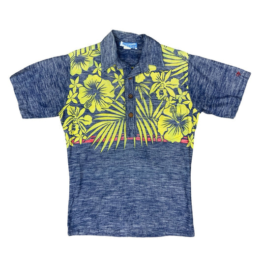 VTG 90S OCEAN PACIFIC SUNWEAR SURF REVERSE PRINT HAWAIIAN SMOCK POLO SHIRT SMALL