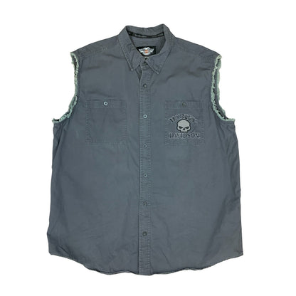 HARLEY DAVIDSON GREY BUTTON UP SLEEVELESS SHIRT EMBROIDERED DOUBLE SIDED XXL