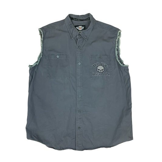 HARLEY DAVIDSON GREY BUTTON UP SLEEVELESS SHIRT EMBROIDERED DOUBLE SIDED XXL
