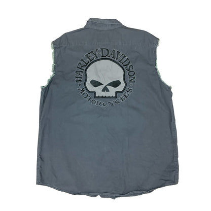 HARLEY DAVIDSON GREY BUTTON UP SLEEVELESS SHIRT EMBROIDERED DOUBLE SIDED XXL