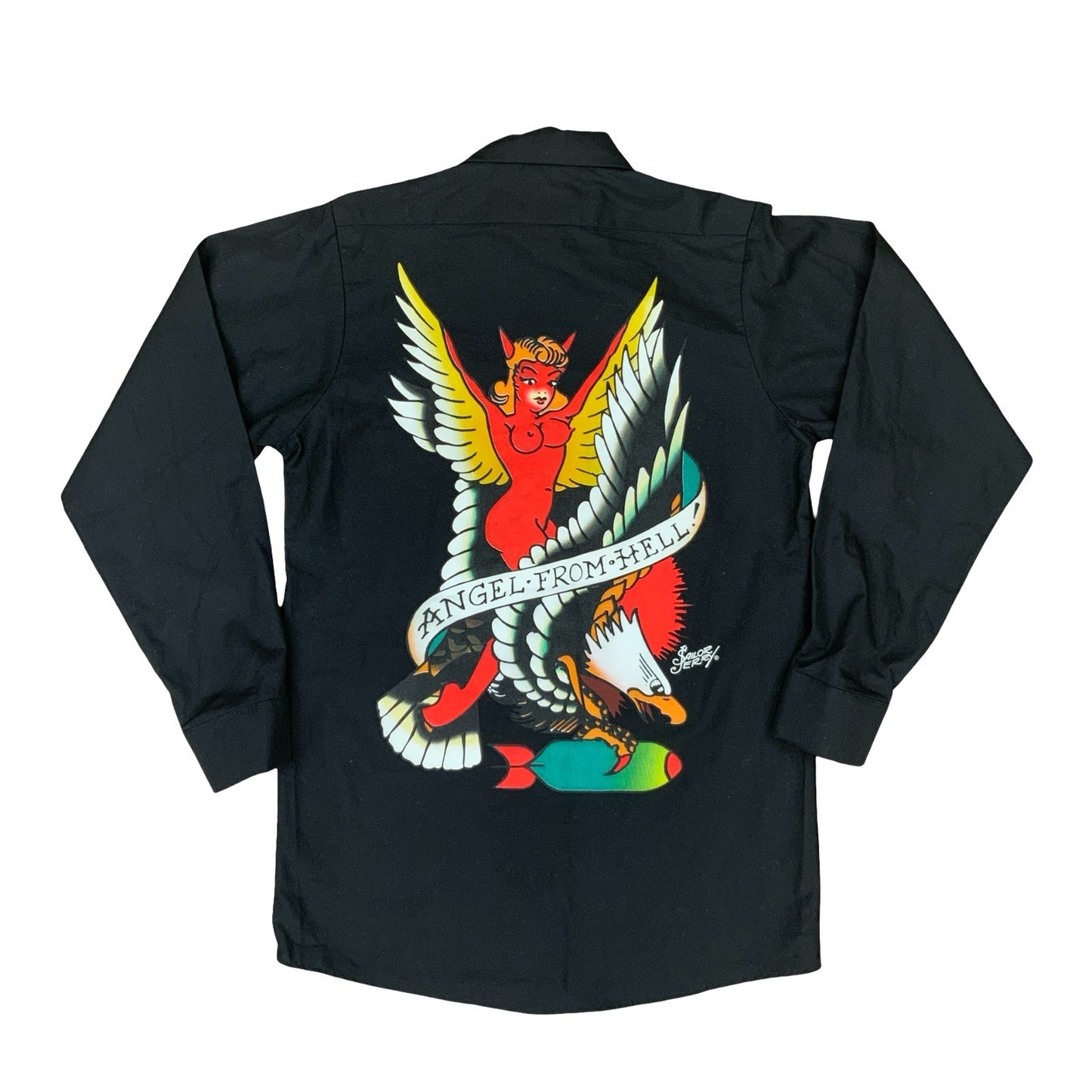 BNWT DEADSTOCK SAILOR JERRY ANGEL FROM HELL LONG SLEEVE BUTTON UP SHIRT MEDIUM