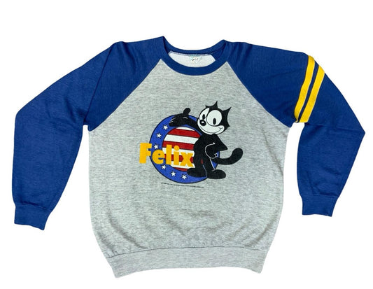 VTG 1984 GREY BLUE GENUINE FELIX THE CAT RAGLAN 80s BASEBALL SWEATSHIRT LARGE