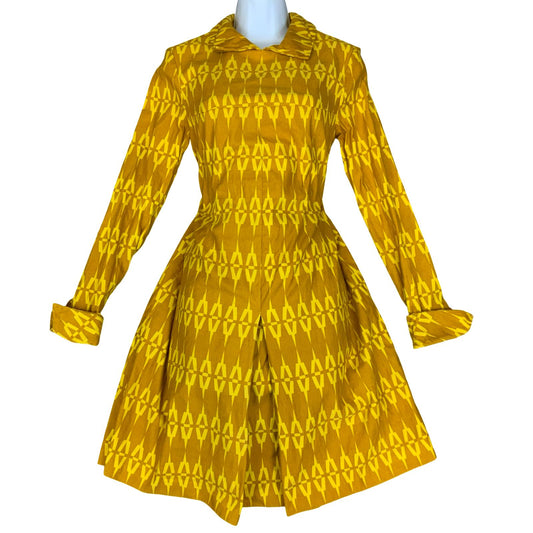 VTG 60s 70s 'JOLLY' YELLOW GOLD GEOMETRIC PATTERN LONG SLEEVED SHIFT DRESS M 12