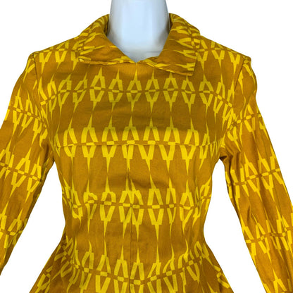 VTG 60s 70s 'JOLLY' YELLOW GOLD GEOMETRIC PATTERN LONG SLEEVED SHIFT DRESS M 12