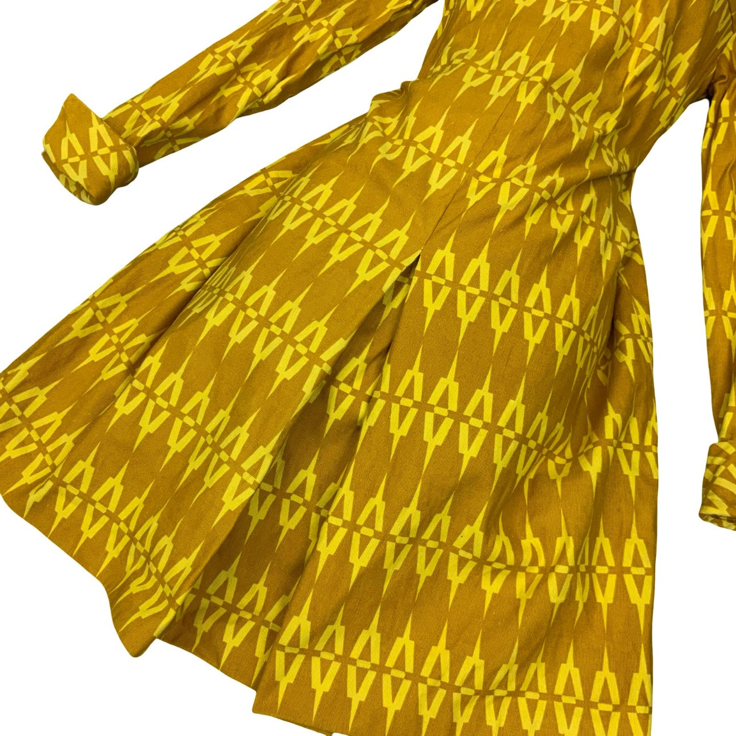 VTG 60s 70s 'JOLLY' YELLOW GOLD GEOMETRIC PATTERN LONG SLEEVED SHIFT DRESS M 12