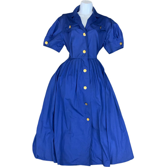 VTG 80s 'YVES SAINT LAURENT' BLUE SHORT SLEEVED LINEN A-LINE PLEATED DRESS M 14