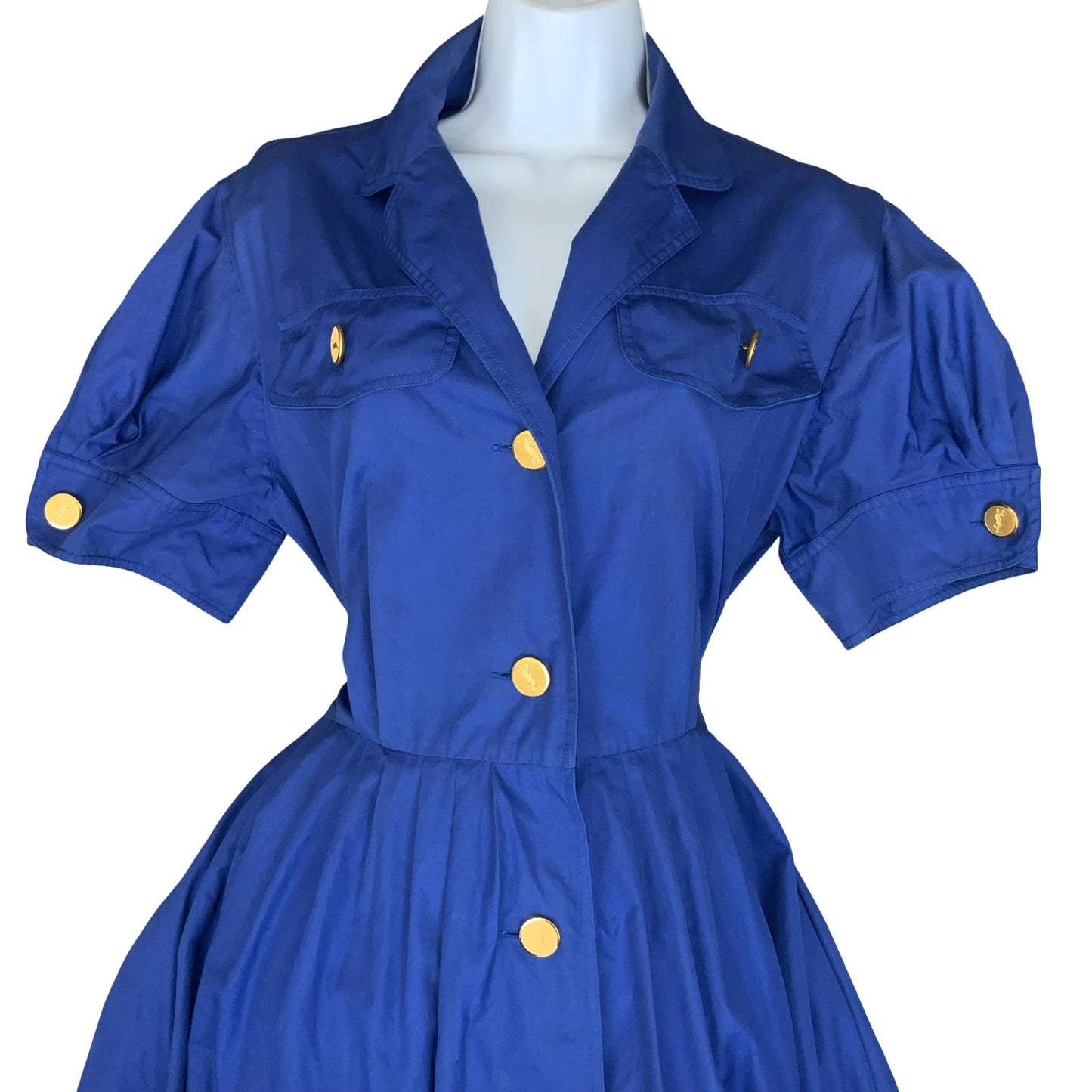 VTG 80s 'YVES SAINT LAURENT' BLUE SHORT SLEEVED LINEN A-LINE PLEATED DRESS M 14