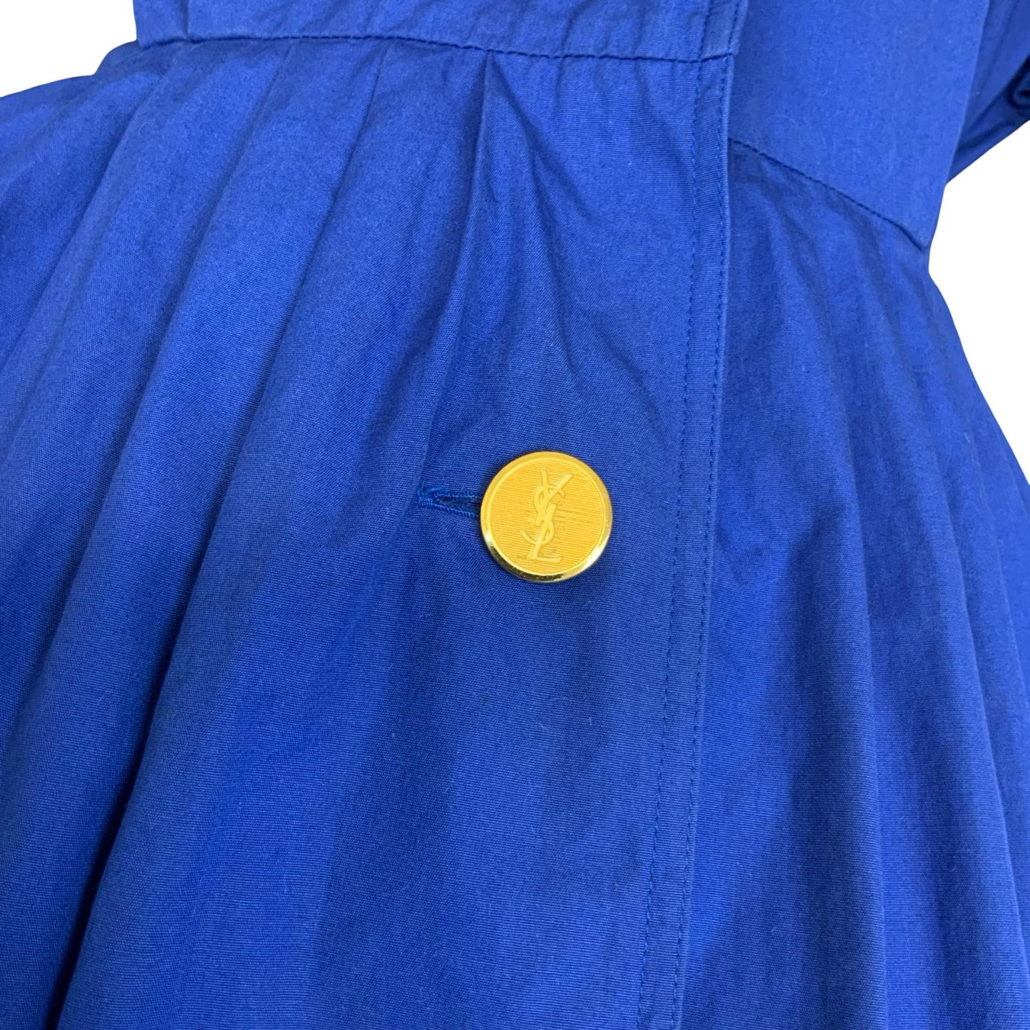 VTG 80s 'YVES SAINT LAURENT' BLUE SHORT SLEEVED LINEN A-LINE PLEATED DRESS M 14