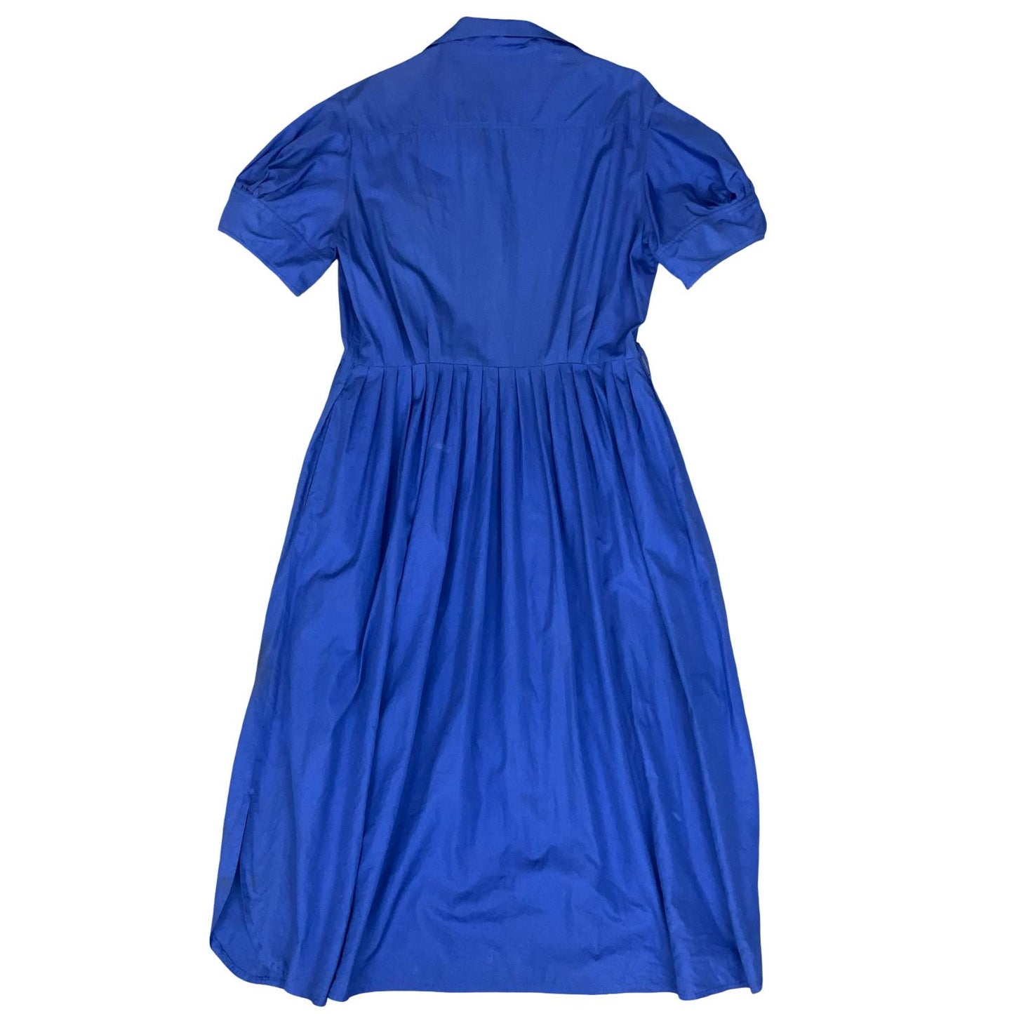VTG 80s 'YVES SAINT LAURENT' BLUE SHORT SLEEVED LINEN A-LINE PLEATED DRESS M 14