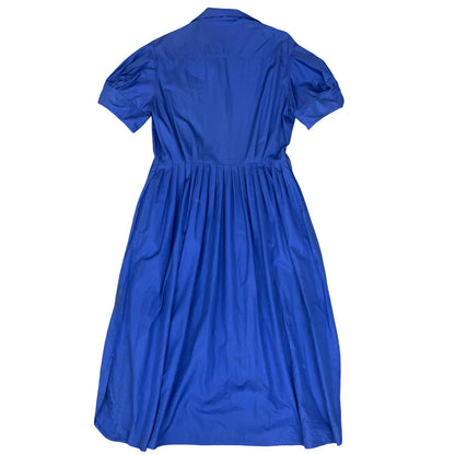 VTG 80s 'YVES SAINT LAURENT' BLUE SHORT SLEEVED LINEN A-LINE PLEATED DRESS M 14