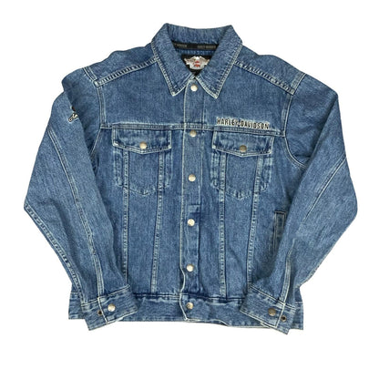 Y2K HARLEY DAVIDSON 1903-2008 105TH ANNIVERSARY BLUE EMBROIDERED DENIM JACKET XL
