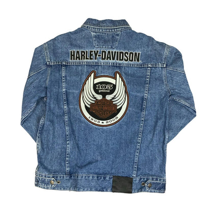 Y2K HARLEY DAVIDSON 1903-2008 105TH ANNIVERSARY BLUE EMBROIDERED DENIM JACKET XL