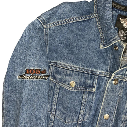 Y2K HARLEY DAVIDSON 1903-2008 105TH ANNIVERSARY BLUE EMBROIDERED DENIM JACKET XL
