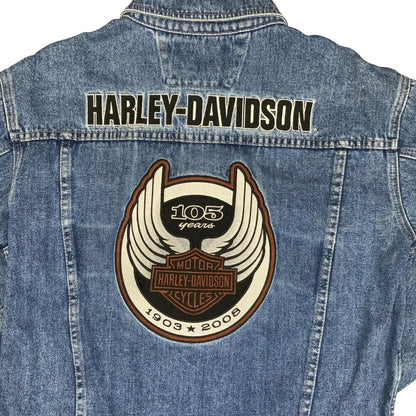 Y2K HARLEY DAVIDSON 1903-2008 105TH ANNIVERSARY BLUE EMBROIDERED DENIM JACKET XL