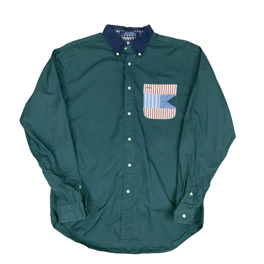 VTG 90s 'TOMMY HILFIGER' COTTON GREEN BLUE AMERICAN FLAG BUTTON-DOWN SHIRT L