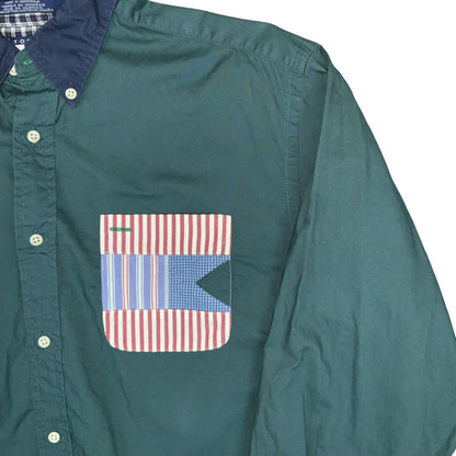 VTG 90s 'TOMMY HILFIGER' COTTON GREEN BLUE AMERICAN FLAG BUTTON-DOWN SHIRT L