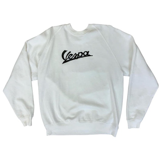 VTG VESPA FARO BASSO SCOOTER WHITE SWEATSHIRT FRUIT OF THE LOOM MOD L 40”