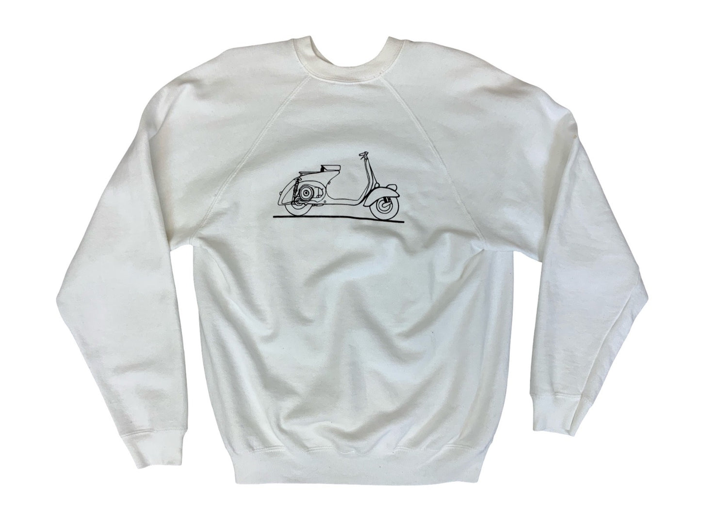 VTG VESPA FARO BASSO SCOOTER WHITE SWEATSHIRT FRUIT OF THE LOOM MOD L 40”