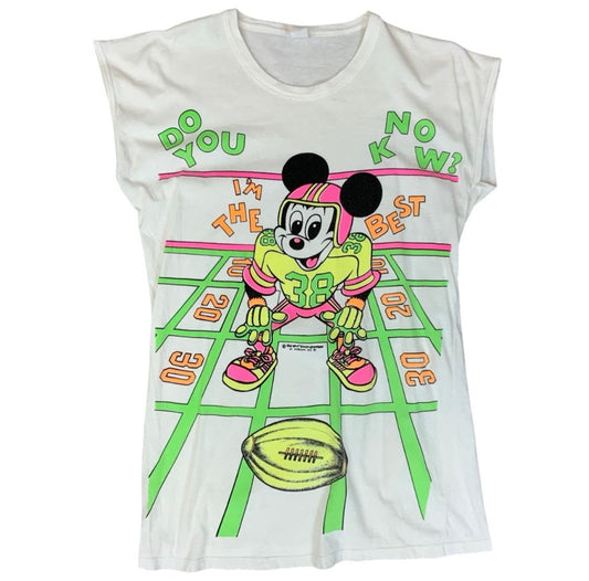 VTG 1980s DISNEY MICKEY MOUSE AMERICAN FOOTBALL WHITE T SHIRT BOLD PRINT S