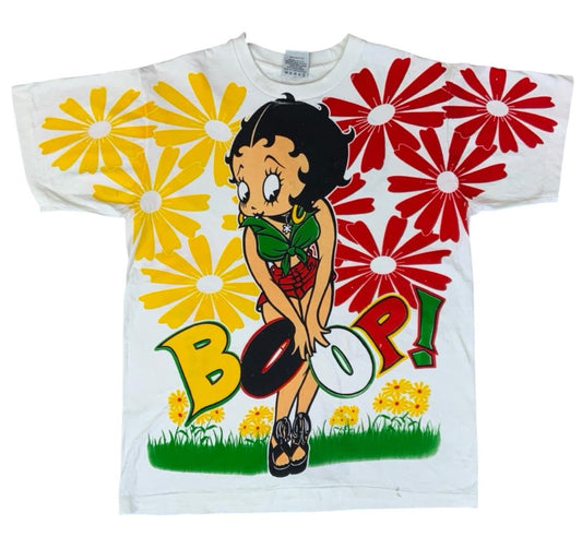 VTG 1990s SINGLE STITCH AOP BETTY BOOP T SHIRT MULTI COLOUR FRONT & BACK PRINT L