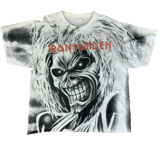 RARE VTG 1991 GENUINE IRON MAIDEN AOP ALL OVER PRINT DOUBLE SIDED T SHIRT 90s XL