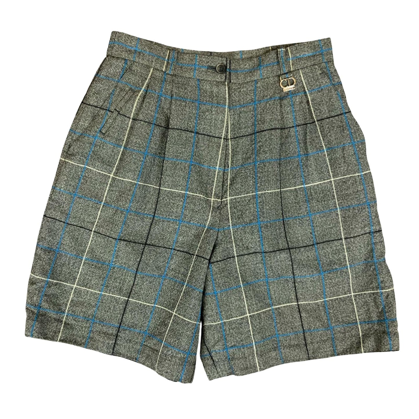 VTG 'CHRISTIAN DIOR' GREY WHITE BLUE PLAID HIGH-WAISTED WOOL LINED SHORTS 10