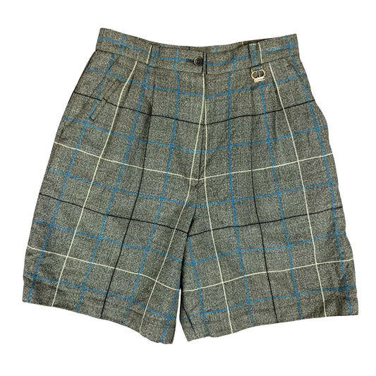 VTG 'CHRISTIAN DIOR' GREY WHITE BLUE PLAID HIGH-WAISTED WOOL LINED SHORTS 10