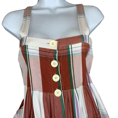 VTG 'CACHAREL' TARTAN RED WHITE PINAFORE STYLE POCKETS ELEGANT SUNDRESS S 8