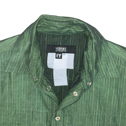 VTG 90s 'VERSACE JEANS COUTURE' GREEN PIN-STRIPE RARE LONG-SLEEVED SHIRT XL