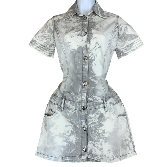 90S Y2K 'DOLCE & GABANNA' CARGO GREY WHITE TIE-DYE GRUNGE MINI DENIM DRESS S 10