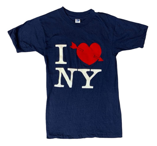 VTG USA 1980s SINGLE STITCH T SHIRT FLOCK PRINT I LOVE NEW YORK NY ARTEX BLUE XS