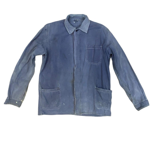 VTG DISTRESSED & FADED EU FRENCH WORKWEAR CHORE JACKET INDIGO TWILL COTTON M