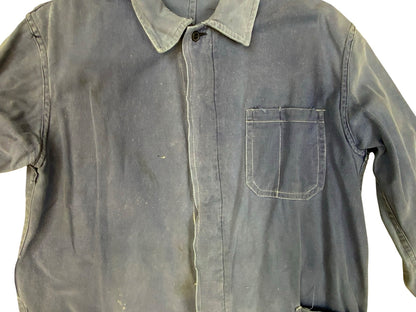 VTG DISTRESSED & FADED EU FRENCH WORKWEAR CHORE JACKET INDIGO TWILL COTTON M