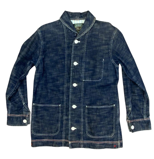 VTG US NAVY STYLE 'AIGLE' SHAWL COLLAR INDIGO DENIM CHORE JACKET ROCKABILLY M
