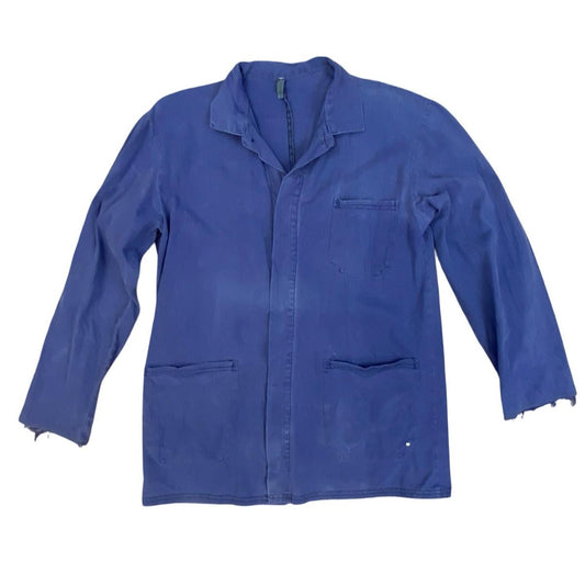 VTG DISTRESSED FADED INDIGO HERRINGBONE COTTON EU FRENCH WORKWEAR CHORE JACKET M