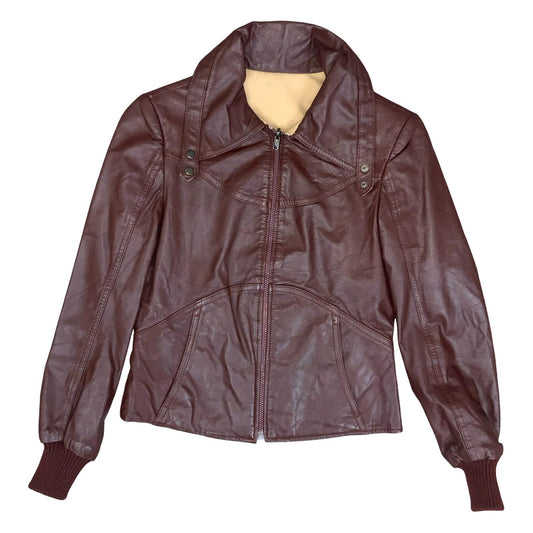 VTG 70s 80s SLIT END LTD BURGUNDY CREAM REVERSIBLE CROPPED LEATHER JACKET SMALL